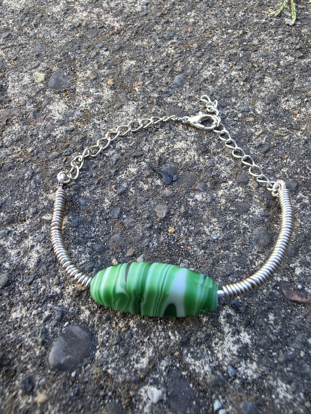 Handcrafted Green Swirl Glass Bead Wire-Wrapped Bracelet - Silver & Stainless St
